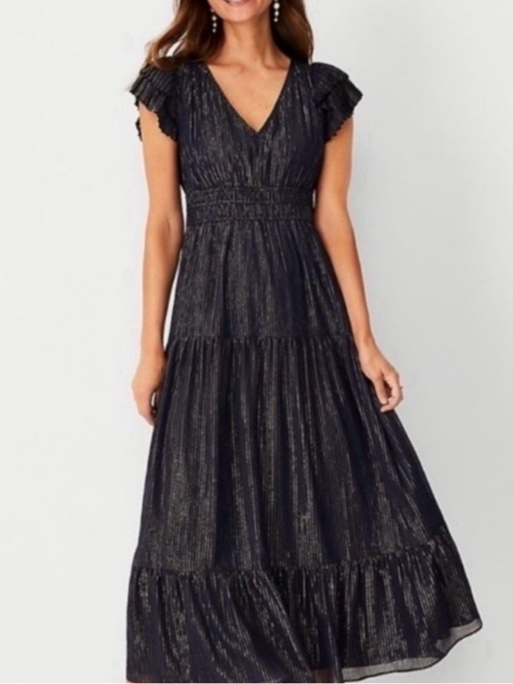 Ann Taylor Navy Metallic V-Neck Tiered Maxi